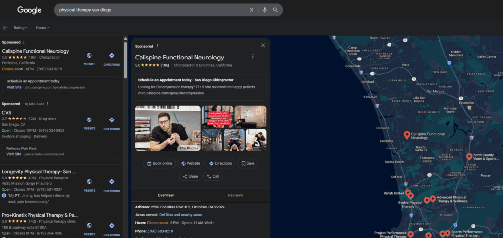 Google search results screenshot for &ldquo;physical therapy San Diego,&rdquo; featuring sponsored listings, business details, and a regional map with physical therapy locations.