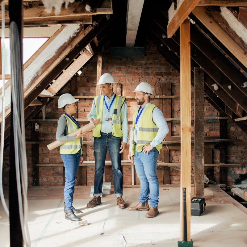 Construction team, home renovation and planning or innovation for maintenance and contractor projec